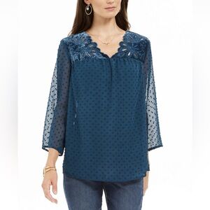 New - Style & Co Eyelet Swiss Dot Velvet Yoke Top in Teal